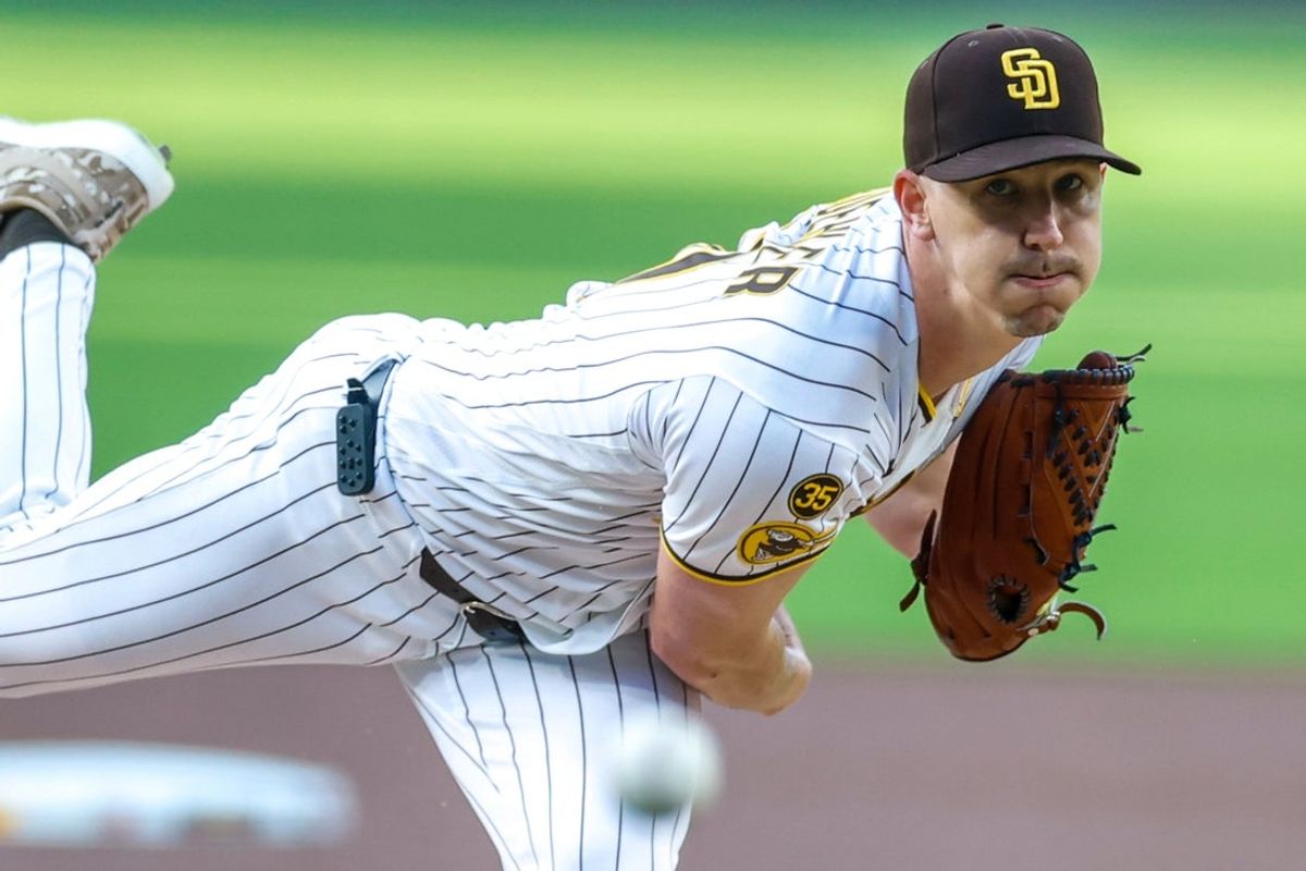 Apr 16, 2026; San Diego, California, USA; San Diego Padres starting pitcher Walker Buehler (10) throws a pitch during the first inning against the Seattle Mariners at Petco Park. Mandatory Credit: David Frerker-Imagn Images