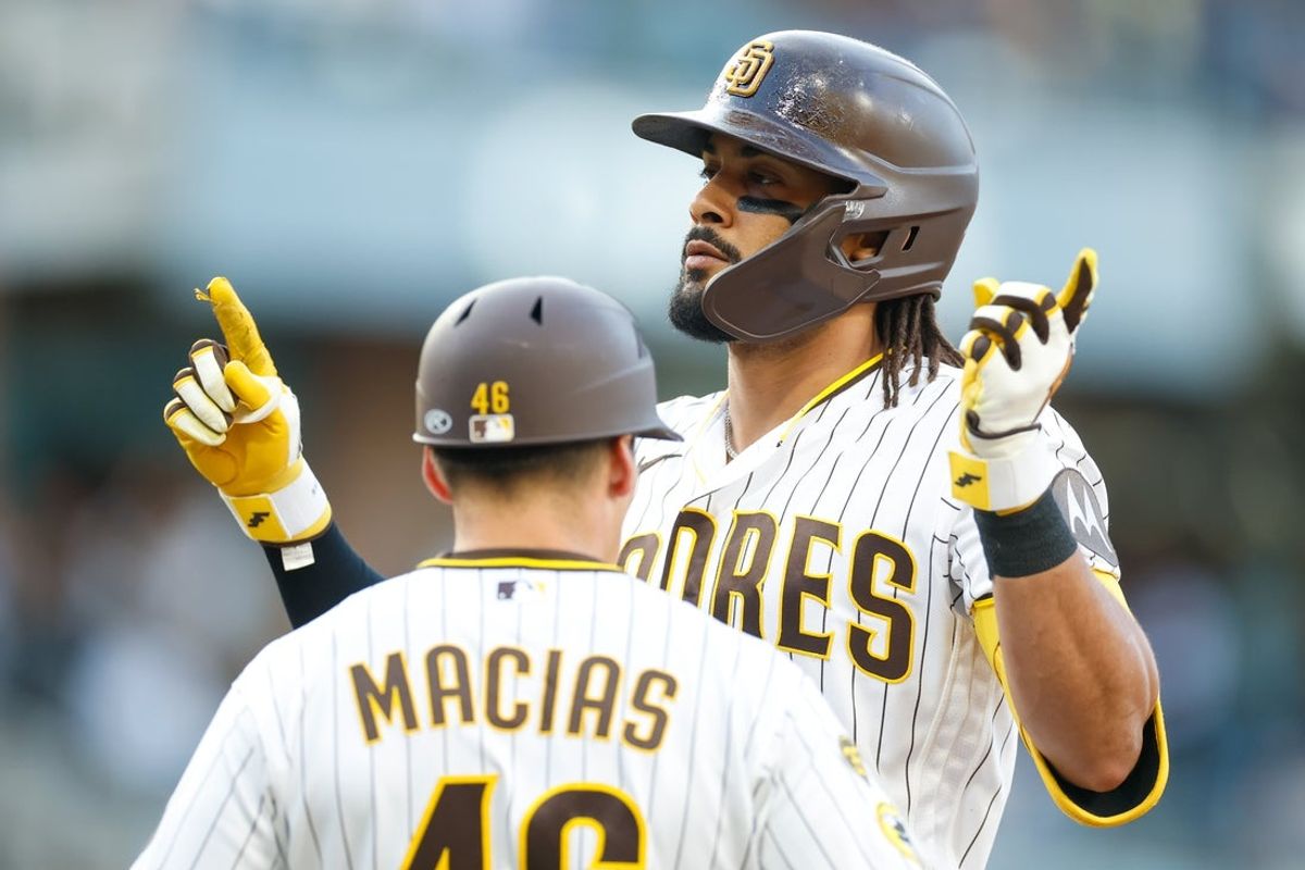 Apr 16, 2026; San Diego, California, USA; San Diego Padres right fielder Fernando Tatis Jr. (23) celebrates after hitting a two run RBI single during the second inning against the Seattle Mariners at Petco Park. Mandatory Credit: David Frerker-Imagn Images
