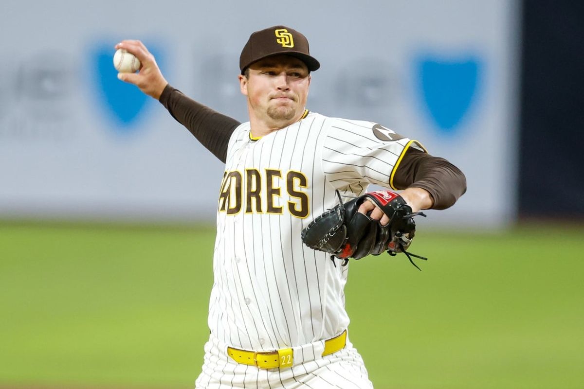 Apr 16, 2026; San Diego, California, USA; San Diego Padres relief pitcher Mason Miller (22) throws a pitch during the ninth inning against the Seattle Mariners at Petco Park. Mandatory Credit: David Frerker-Imagn Images