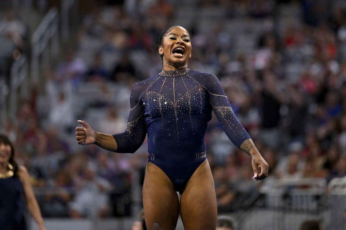 Apr 16, 2026; Fort Worth, TX, USA; UCLA gymnast Jordan Chiles performs on floor exercise during semifinals for the 2026 NCAA Women’s Gymnastics National Championships at Dickies Arena. Mandatory Credit: Jerome Miron-Imagn Images