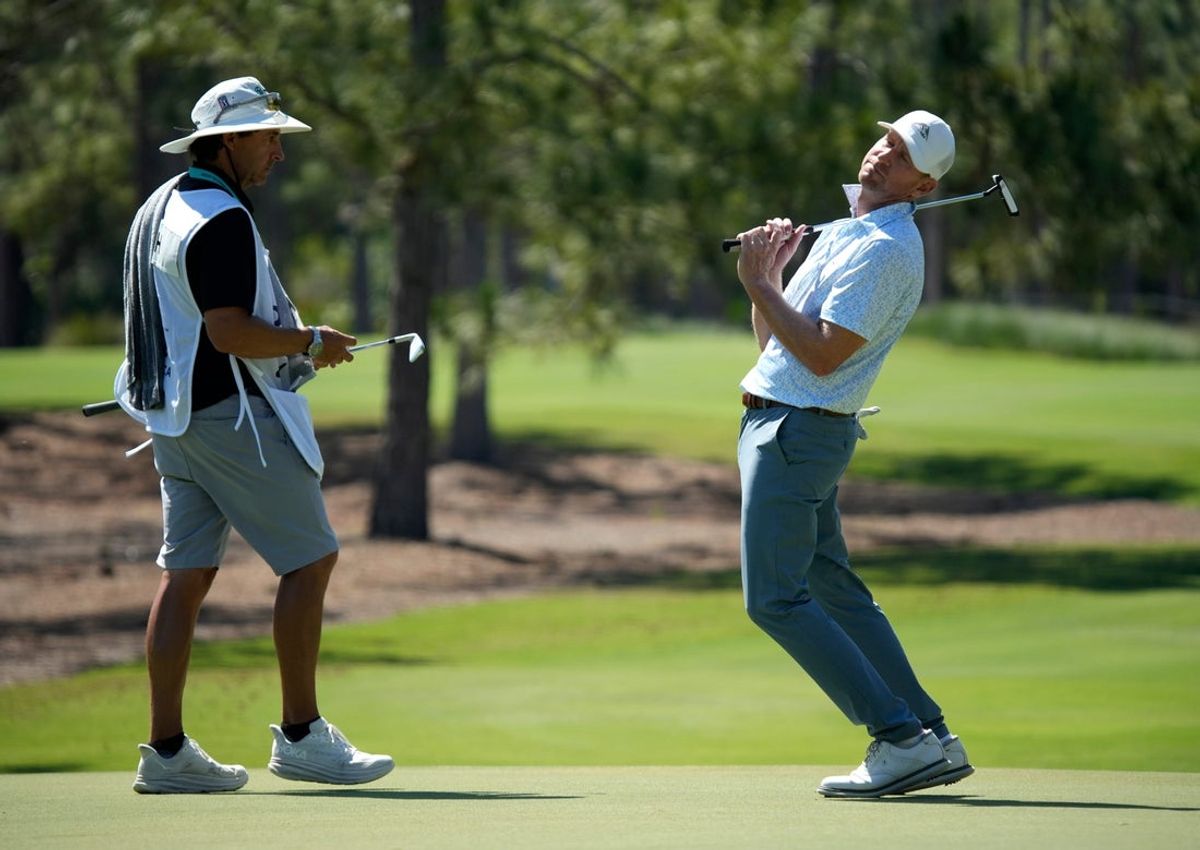 Vaughn Taylor of Evans, Georgia, reacts as his putt just misses the cup on the 8th hole. The second round of the Senior PGA Championship was held Friday, April 17, 2026 at The Concession Golf Club in Bradenton, Florida.