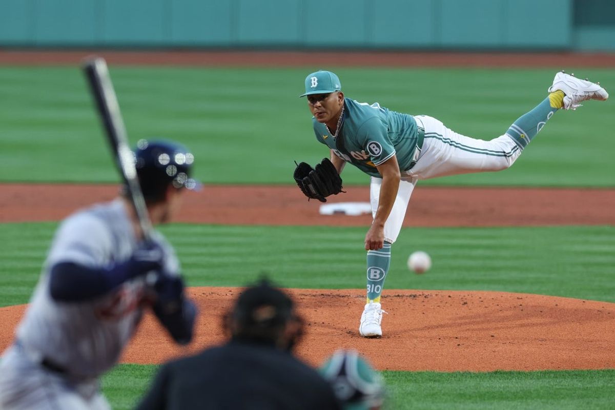 Apr 17, 2026; Boston, Massachusetts, USA; Boston Red Sox starting pitcher Ranger Suarez (55) delivers a pitch during the first inning against the Detroit Tigers at Fenway Park. Mandatory Credit: Paul Rutherford-Imagn Images
