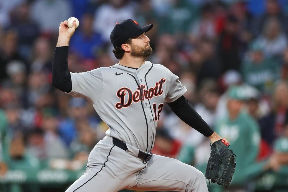 Apr 17, 2026; Boston, Massachusetts, USA; Detroit Tigers starting pitcher Casey Mize (12) delivers a pitch during the first inning against the Boston Red Sox at Fenway Park. Mandatory Credit: Paul Rutherford-Imagn Images