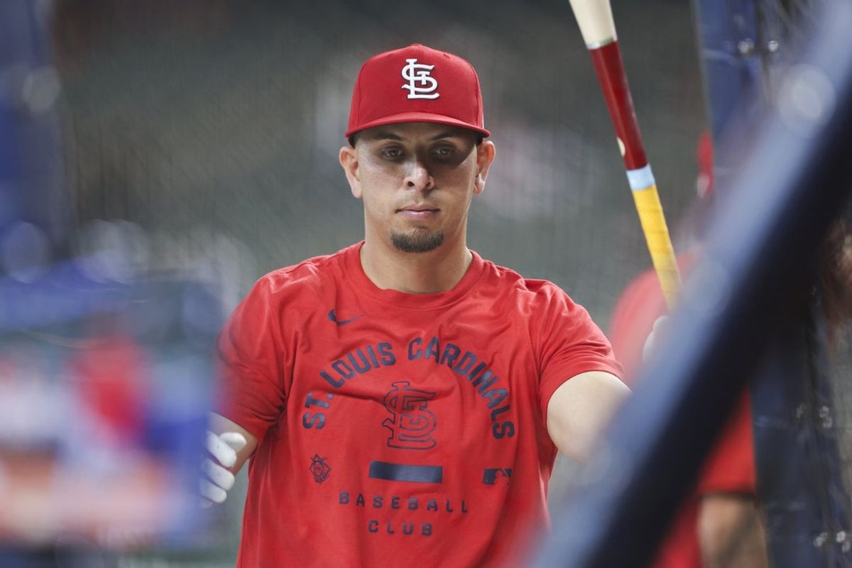 Apr 17, 2026; Houston, Texas, USA; St. Louis Cardinals third baseman Ramon Urias (29) takes batting practice before the game against the Houston Astros at Daikin Park. Mandatory Credit: Troy Taormina-Imagn Images