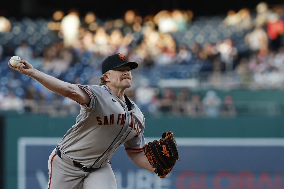 Apr 17, 2026; Washington, District of Columbia, USA; San Francisco Giants pitcher Logan Webb (62) pitches against the Washington Nationals during the first inning at Nationals Park. Mandatory Credit: Geoff Burke-Imagn Images