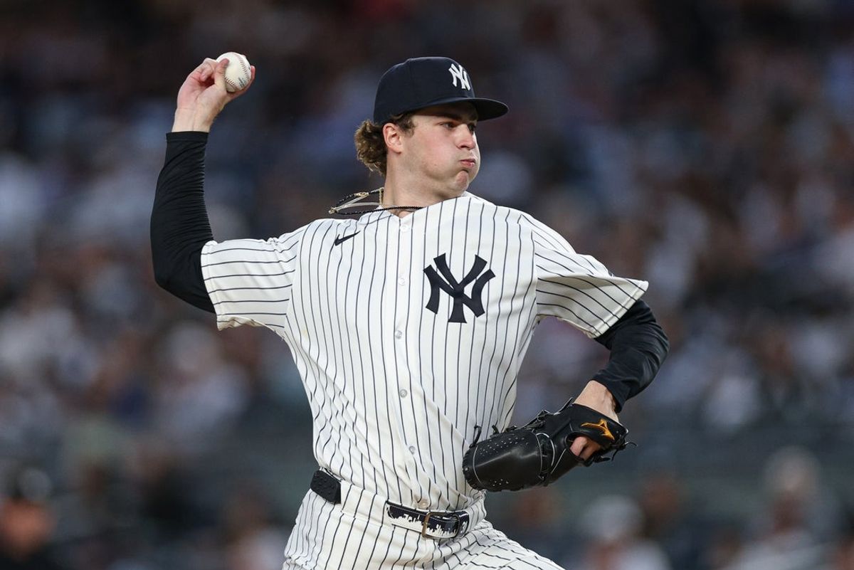 Apr 17, 2026; Bronx, New York, USA; New York Yankees pitcher Cam Schlittler (31) delivers a pitch during the third inning against the Kansas City Royals at Yankee Stadium. Mandatory Credit: Vincent Carchietta-Imagn Images