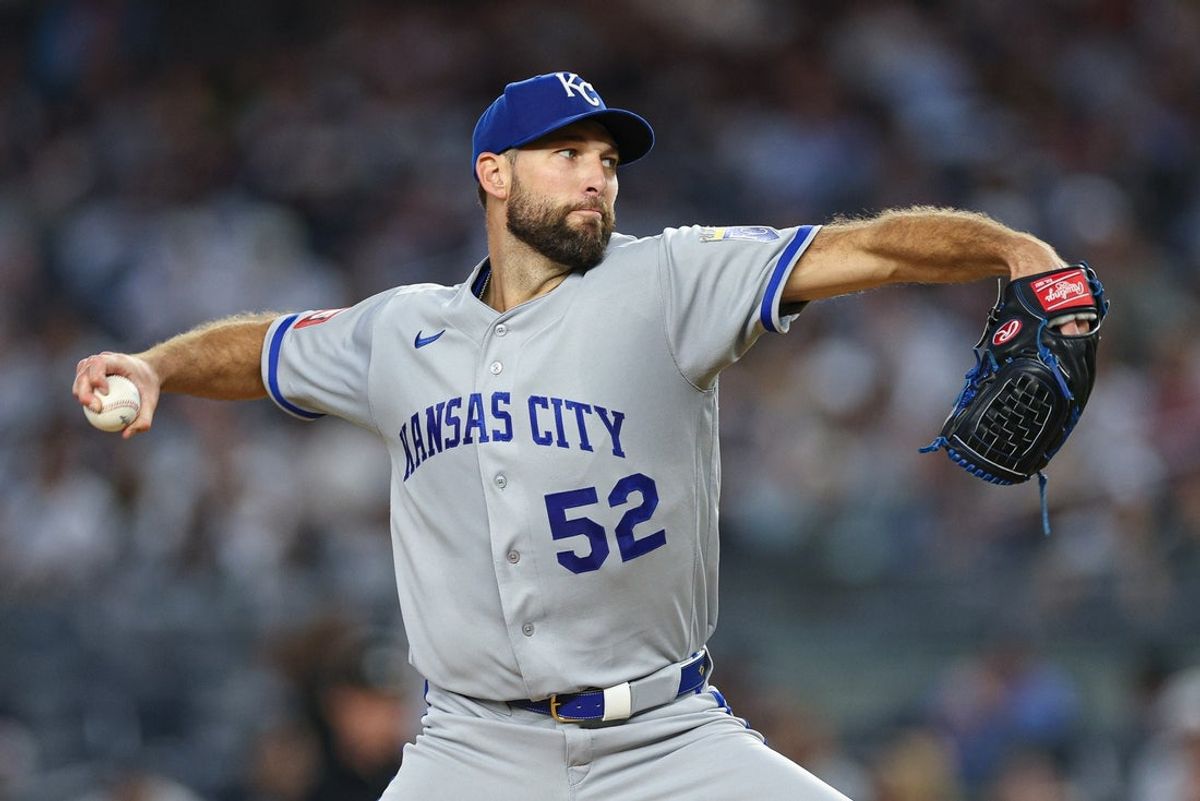 Apr 17, 2026; Bronx, New York, USA; Kansas City Royals pitcher Michael Wacha (52) delivers a pitch during the first inning against the New York Yankees at Yankee Stadium. Mandatory Credit: Vincent Carchietta-Imagn Images