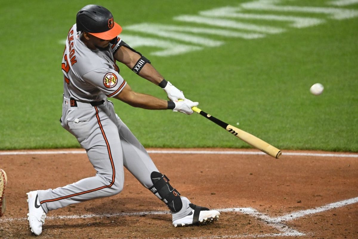 Apr 17, 2026; Cleveland, Ohio, USA; Baltimore Orioles second baseman Jeremiah Jackson (82) hits a three-run home run in the eighth inning against the Cleveland Guardians at Progressive Field. Mandatory Credit: David Richard-Imagn Images