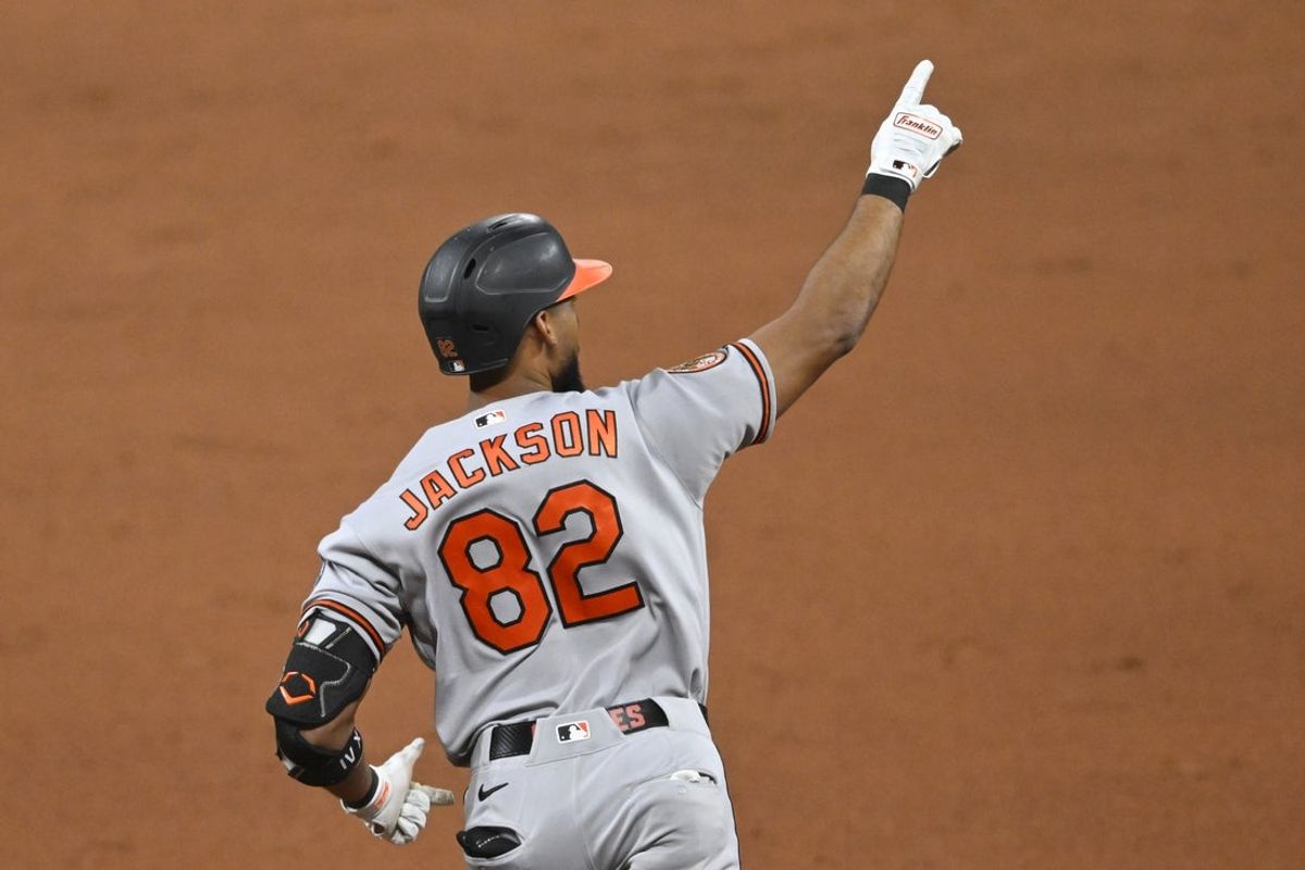 Apr 17, 2026; Cleveland, Ohio, USA; Baltimore Orioles second baseman Jeremiah Jackson (82) celebrates his three-run home run in the eighth inning against the Cleveland Guardians at Progressive Field. Mandatory Credit: David Richard-Imagn Images