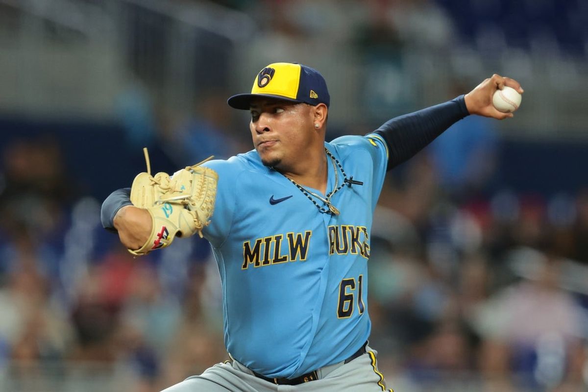 Apr 17, 2026; Miami, Florida, USA; Milwaukee Brewers pitcher Angel Zerpa (61) delivers a pitch against the Miami Marlins during the eighth inning at loanDepot Park. Mandatory Credit: Sam Navarro-Imagn Images