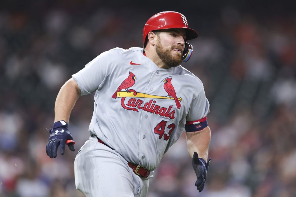 Apr 17, 2026; Houston, Texas, USA; St. Louis Cardinals catcher Pedro Pages (43) runs to first base on a hit during the fourth inning against the Houston Astros at Daikin Park. Mandatory Credit: Troy Taormina-Imagn Images