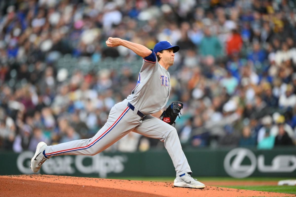 Apr 17, 2026; Seattle, Washington, USA; Texas Rangers starting pitcher Jacob deGrom (48) pitches to the Seattle Mariners during the first inning at T-Mobile Park. Mandatory Credit: Steven Bisig-Imagn Images