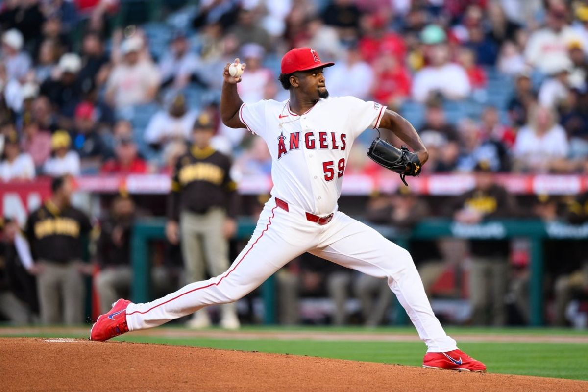 Apr 17, 2026; Anaheim, California, USA; Los Angeles Angels pitcher José Soriano (59) delivers during the first inning against the San Diego Padres at Angel Stadium. Mandatory Credit: William Liang-Imagn Images