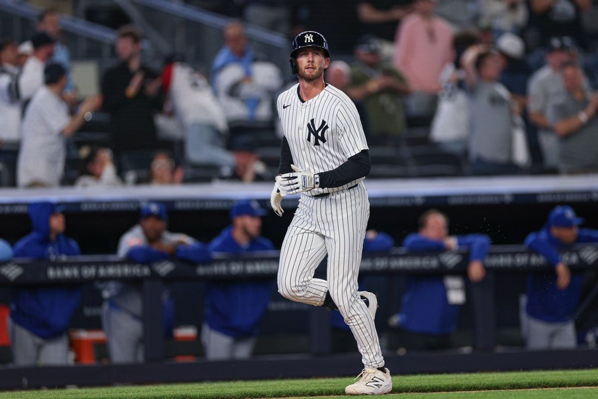Apr 17, 2026; Bronx, New York, USA; New York Yankees' Ryan McMahon runs the bases after hitting a two run home run during the eighth inning against the Kansas City Royals at Yankee Stadium. Mandatory Credit: Vincent Carchietta-Imagn Images