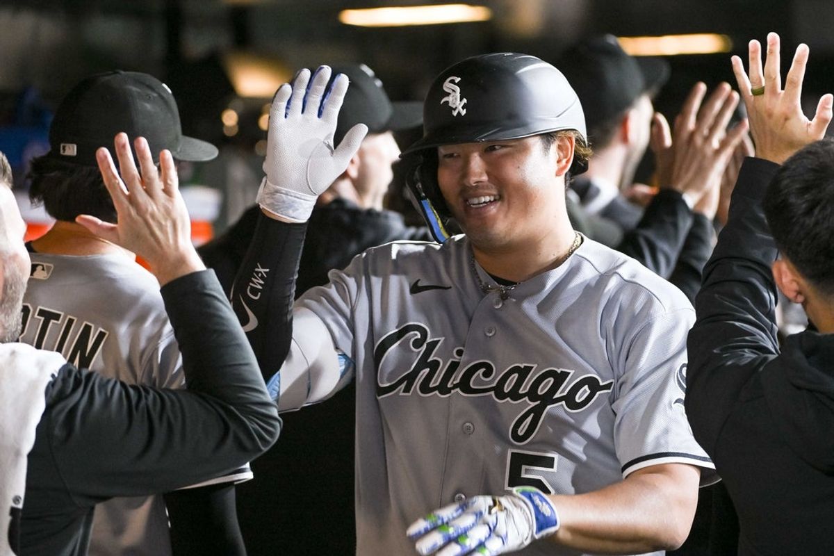 Apr 17, 2026; West Sacramento, California, USA; Chicago White Sox third baseman Munetaka Murakami (5) celebrates with team mates after hitting a grand slam against the Athleticsduring the seventh inning at Sutter Health Park. Mandatory Credit: Ed Szczepanski-Imagn Images