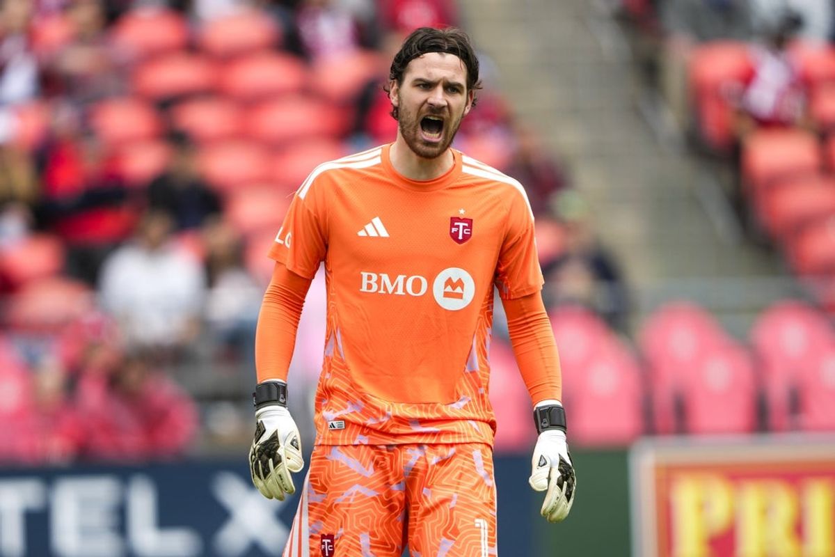 Apr 18, 2026; Toronto, Ontario, CAN; Toronto FC goalkeeper Luka Gavran (1) looks on against Austin FC during the second half at BMO Field. Mandatory Credit: Kevin Sousa-Imagn Images