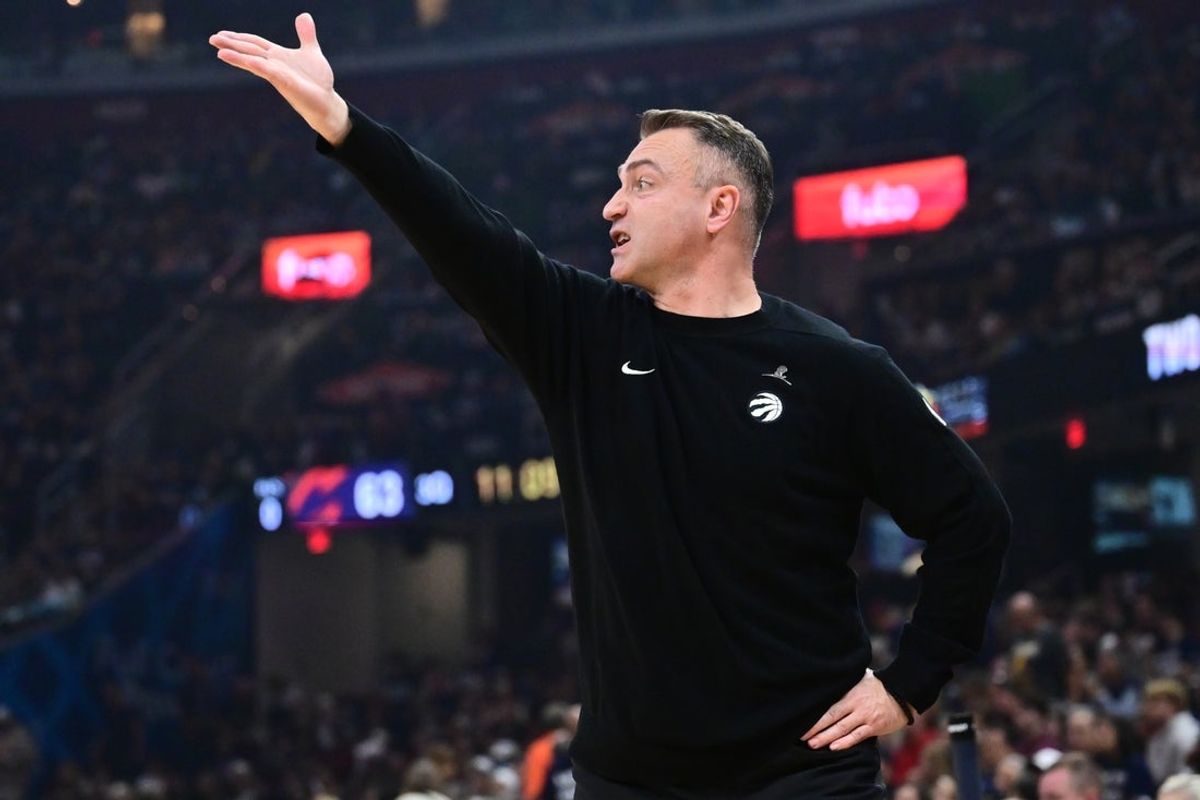 Apr 18, 2026; Cleveland, Ohio, USA; Toronto Raptors head coach Darko Rajakovic reacts against the Cleveland Cavaliers during the second half of game one in the first round of the 2026 NBA Playoffs at Rocket Arena. Mandatory Credit: Ken Blaze-Imagn Images