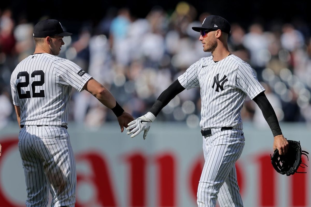 Apr 18, 2026; Bronx, New York, USA; New York Yankees first baseman Ben Rice (22) and center fielder Cody Bellinger (35) celebrate after defeating the Kansas City Royals at Yankee Stadium. Mandatory Credit: Brad Penner-Imagn Images