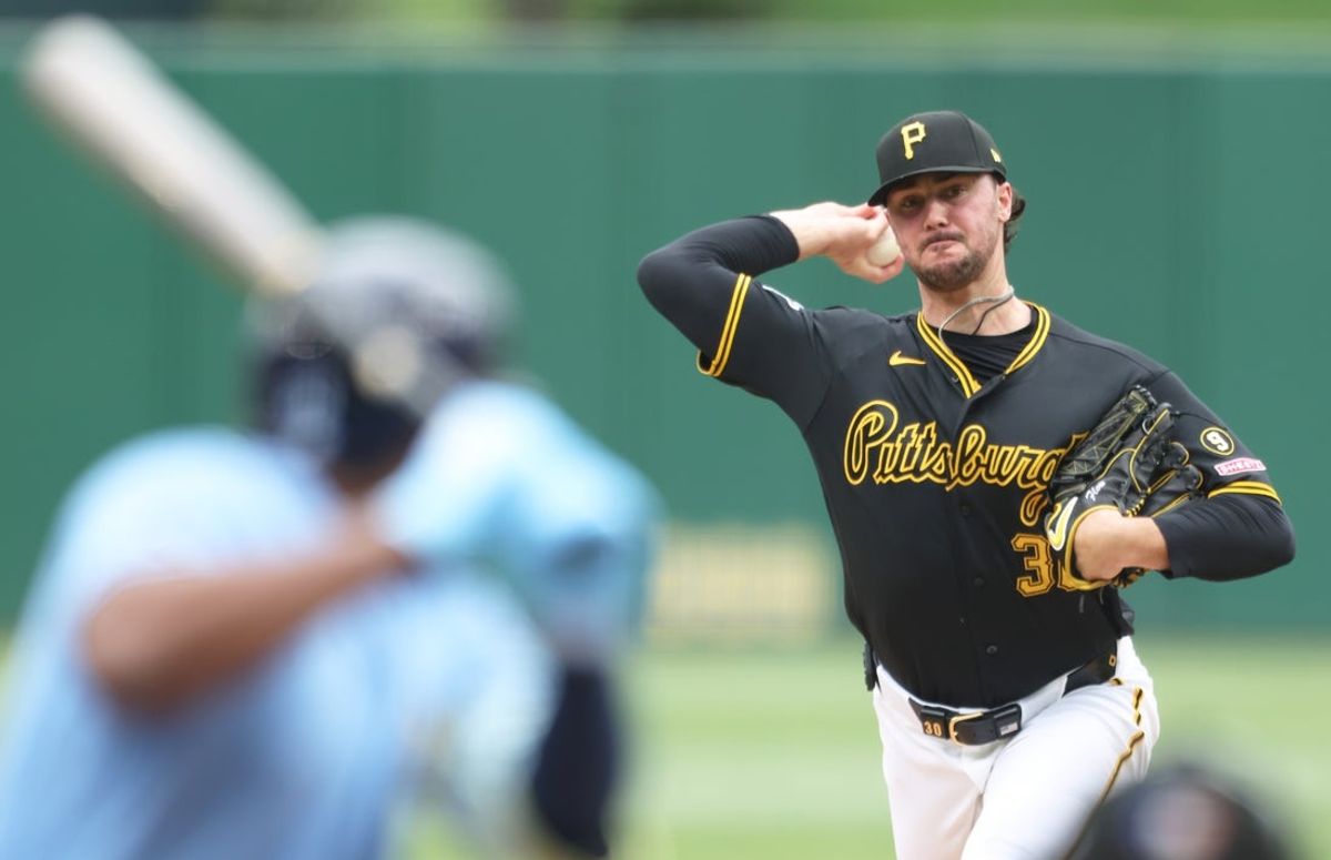 Apr 18, 2026; Pittsburgh, Pennsylvania, USA;  Pittsburgh Pirates starting pitcher Paul Skenes (30) delivers a pitch against Tampa Bay Rays third baseman Junior Caminero (13) during the first inning at PNC Park. Mandatory Credit: Charles LeClaire-Imagn Images
