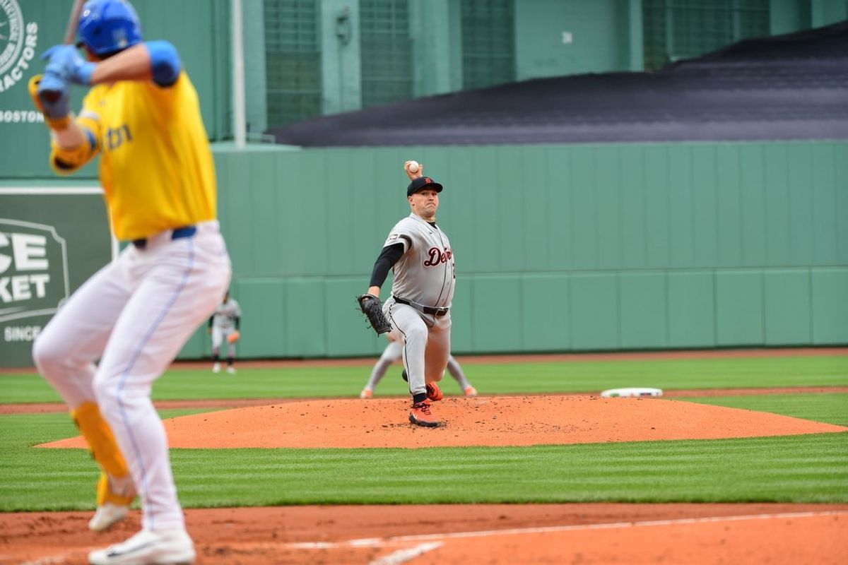 Apr 18, 2026; Boston, Massachusetts, USA;  Detroit Tigers starting pitcher Tarik Skubal (29) pitches during the first inning against the Boston Red Sox at Fenway Park. Mandatory Credit: Bob DeChiara-Imagn Images