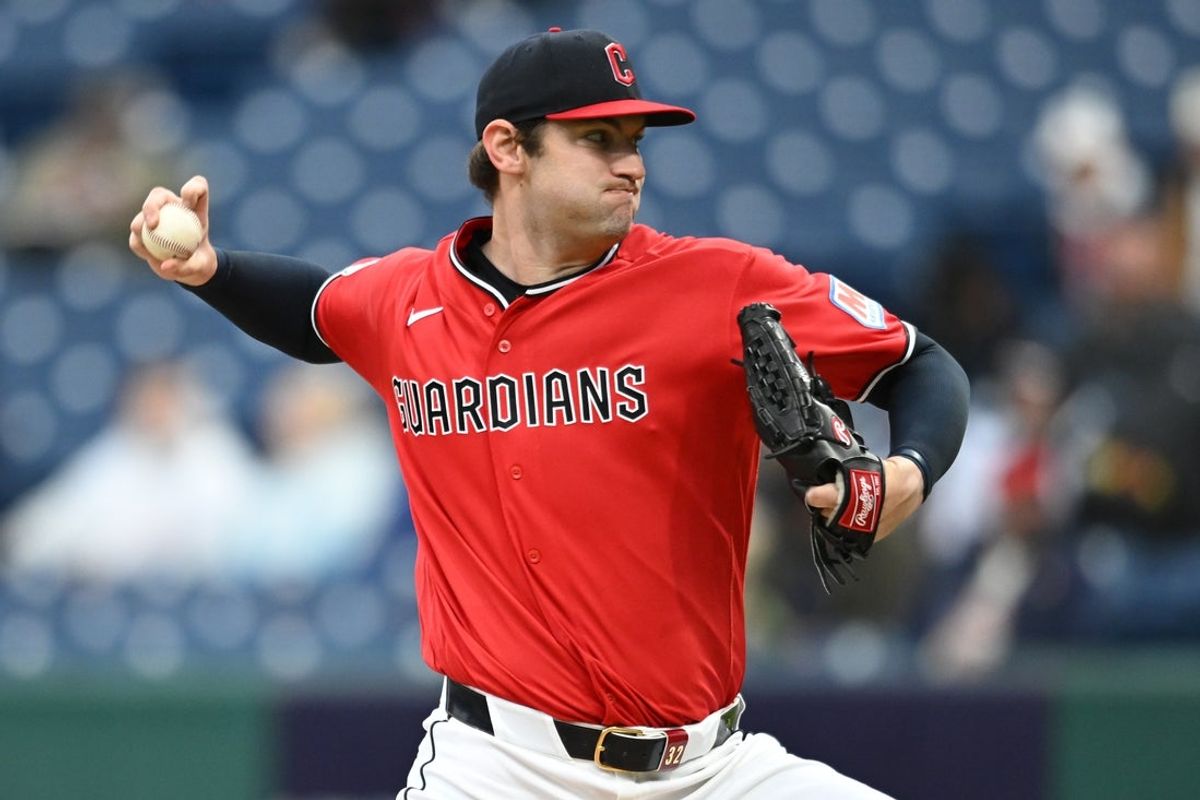 Apr 18, 2026; Cleveland, Ohio, USA; Cleveland Guardians starting pitcher Gavin Williams (32) throws a pitch during the first inning against the Baltimore Orioles at Progressive Field. Mandatory Credit: Ken Blaze-Imagn Images