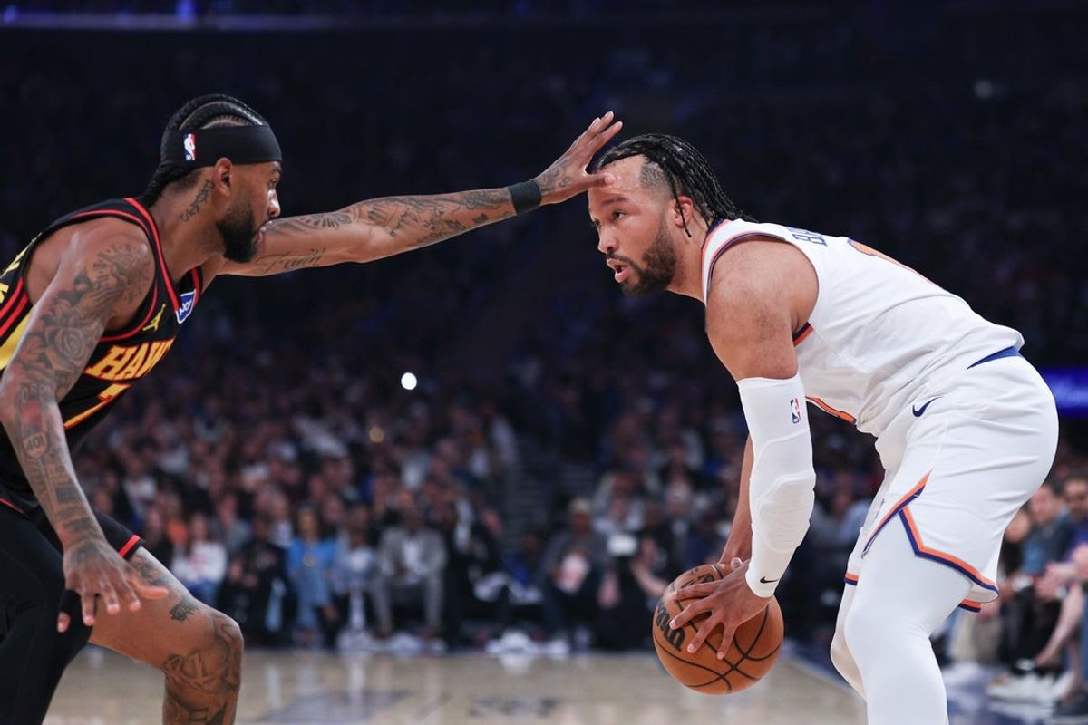 Apr 18, 2026; New York, New York, USA; New York Knicks guard Jalen Brunson (11) is guarded by Atlanta Hawks guard Nickeil Alexander-Walker (7) during the first quarter of the 2026 NBA Playoffs at Madison Square Garden. Mandatory Credit: Vincent Carchietta-Imagn Images