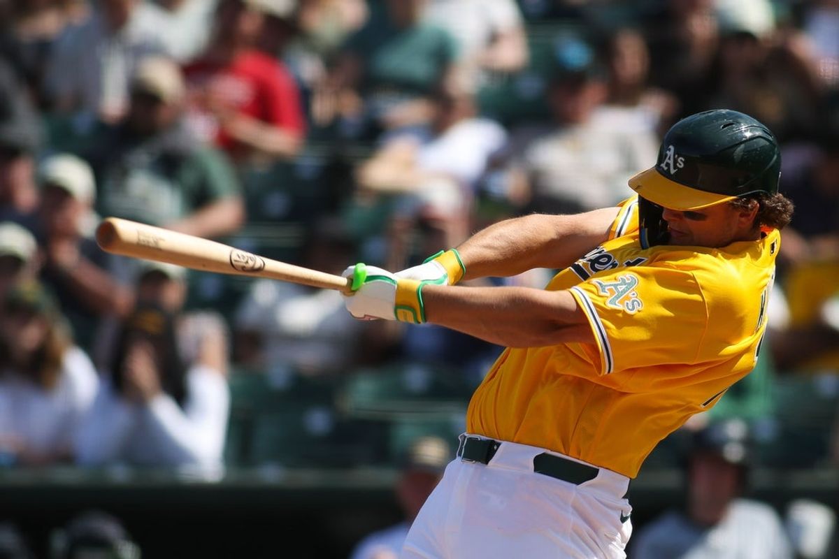 Apr 18, 2026; West Sacramento, California, USA; Athletics first baseman Nick Kurtz (16) hits a game-tying two-run homer during the seventh inning against the Chicago White Sox at Sutter Health Park. Mandatory Credit: Scott Marshall-Imagn Images