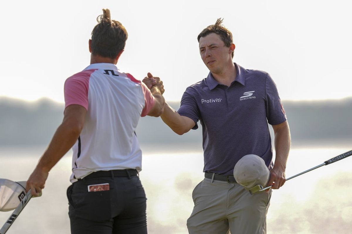 Apr 18, 2026; Hilton Head, South Carolina, USA; Matt Fitzpatrick and Viktor Hovland at the end of their round during the third round of the RBC Heritage golf tournament. Mandatory Credit: Jim Dedmon-Imagn Images