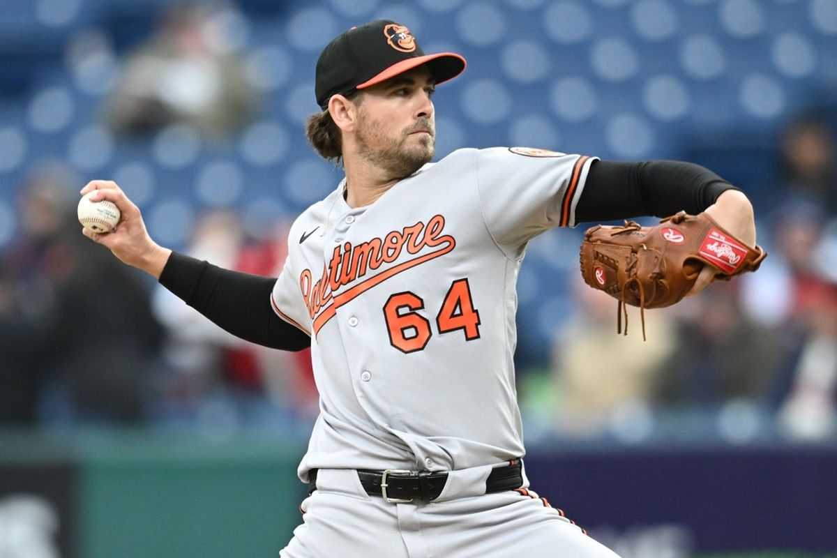 Apr 18, 2026; Cleveland, Ohio, USA; Baltimore Orioles starting pitcher Dean Kremer (64) throws a pitch during the first inning against the Cleveland Guardians at Progressive Field. Mandatory Credit: Ken Blaze-Imagn Images