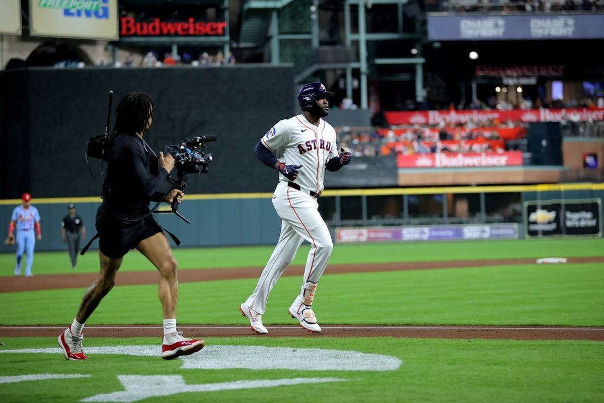 Apr 18, 2026; Houston, Texas, USA; Houston Astros designated hitter Yordan Alvarez (44) runs towards home plate after a home run to center field against the St. Louis Cardinals during the first inning at Daikin Park. Mandatory Credit: Erik Williams-Imagn Images
