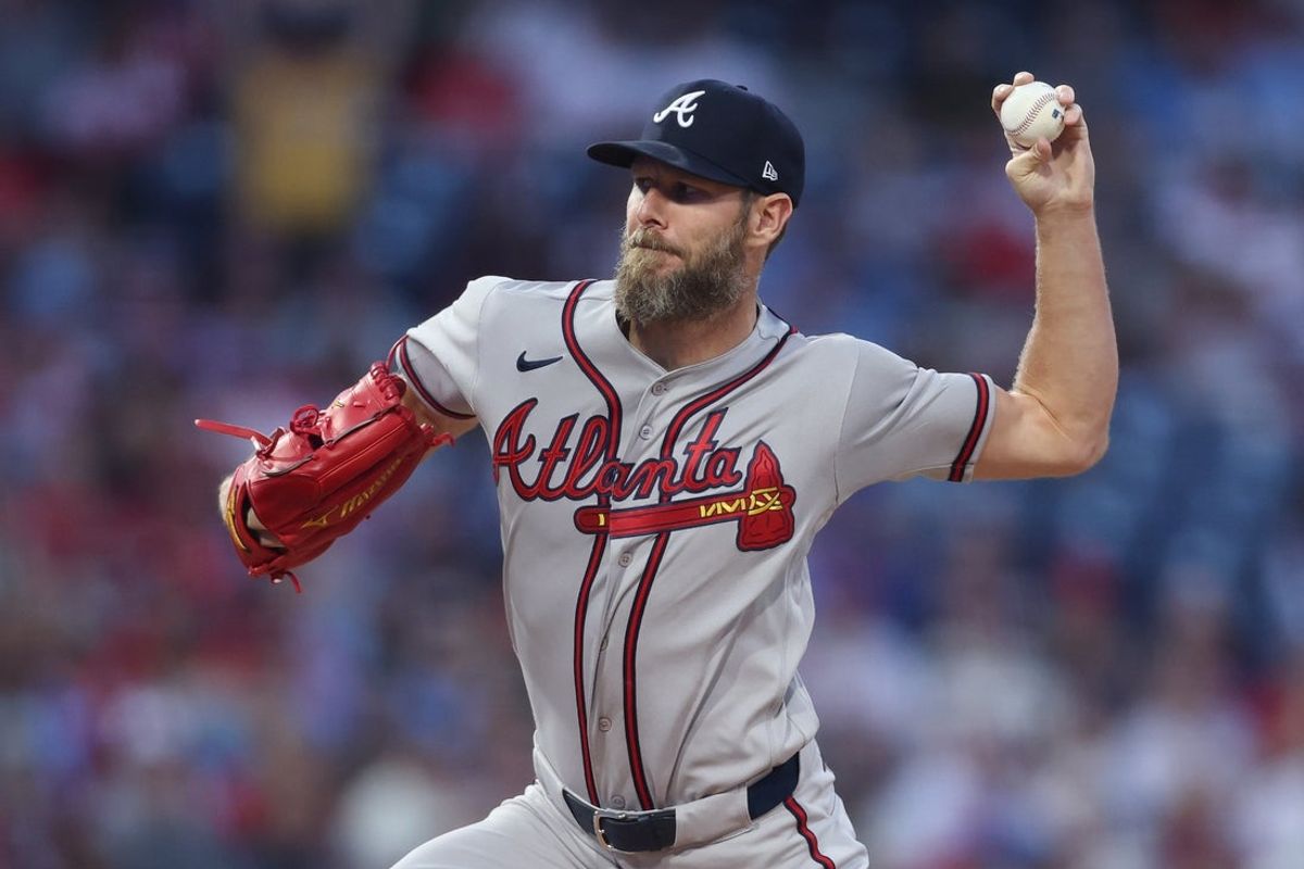 Apr 18, 2026; Philadelphia, Pennsylvania, USA; Atlanta Braves pitcher Chris Sale (51) throws a pitch against the Philadelphia Phillies during the first inning at Citizens Bank Park. Mandatory Credit: Bill Streicher-Imagn Images
