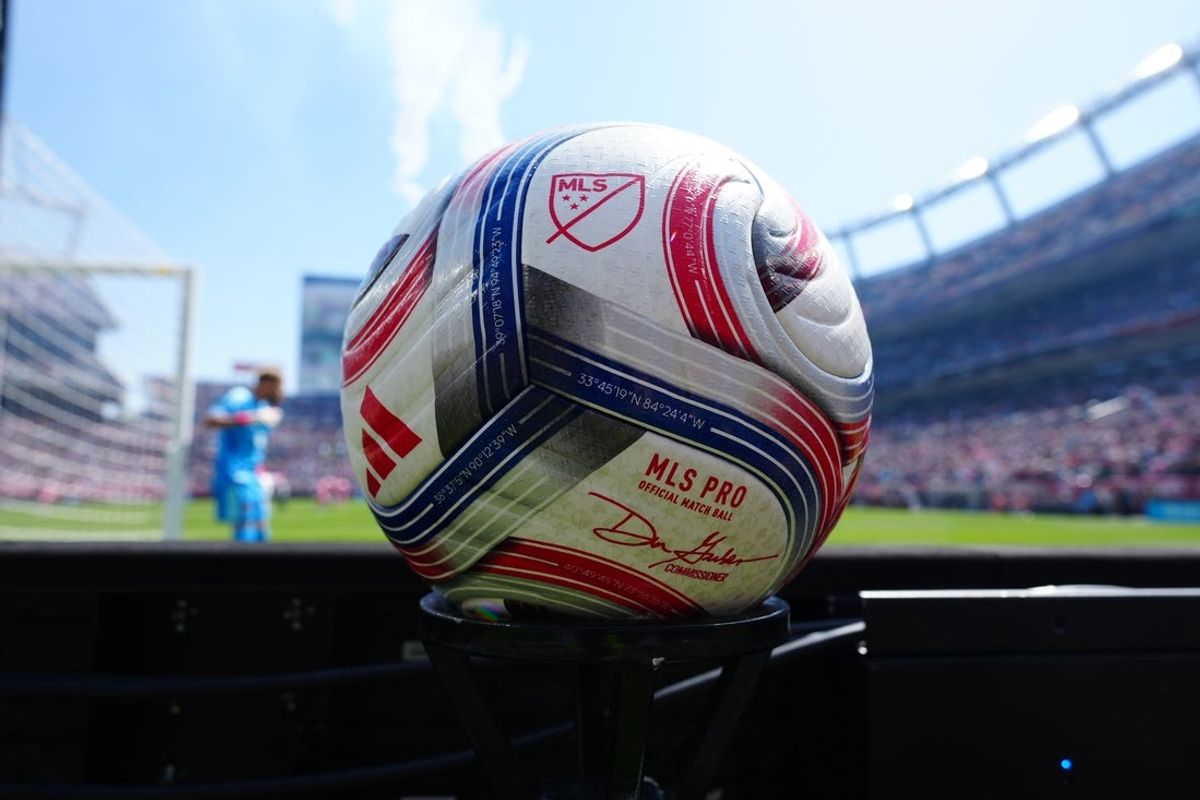 Apr 18, 2026; Denver, Colorado, USA; General view of a match MLS soccer ball during the first half between the Inter Miami CF against the Colorado Rapids at Empower Field at Mile High. Mandatory Credit: Ron Chenoy-Imagn Images
