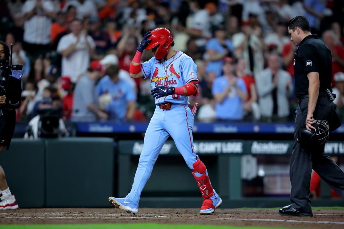 Apr 18, 2026; Houston, Texas, USA; St. Louis Cardinals shortstop Masyn Winn (0) crosses home plate after hitting a two-run home run to left field against the Houston Astros during the third inning at Daikin Park. Mandatory Credit: Erik Williams-Imagn Images