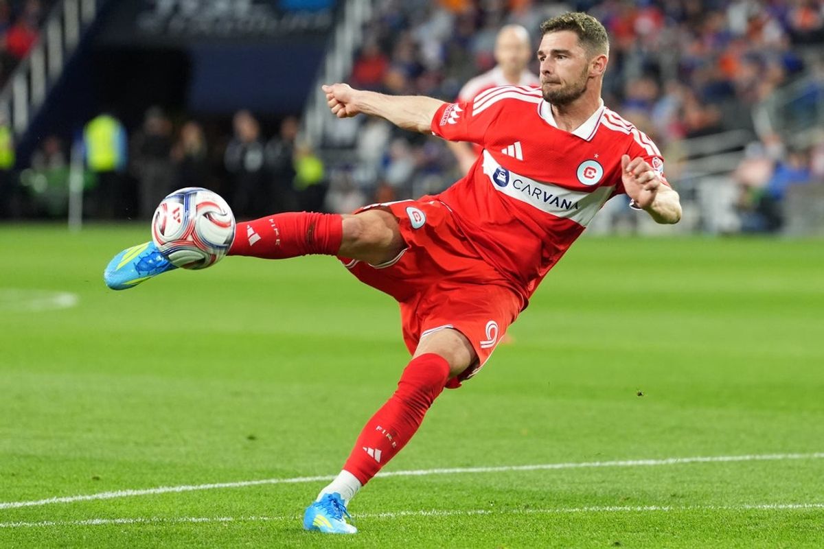 Apr 18, 2026; Cincinnati, Ohio, USA; Chicago Fire FC forward Hugo Cuypers (9) scores a goal during the first half of an MLS match against FC Cincinnati at TQL Stadium. Mandatory Credit: Kareem Elgazzar-Imagn Images
