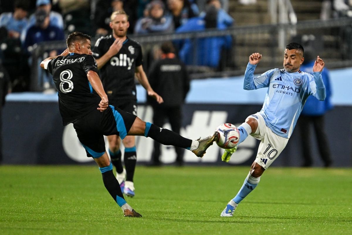 Apr 18, 2026; New York, New York, USA; New York City FC midfielder Maximiliano Moralez (10) fights for the ball against Charlotte FC midfielder Ashley Westwood (8) during the first half at Citi Field. Mandatory Credit: Mark Smith-Imagn Images