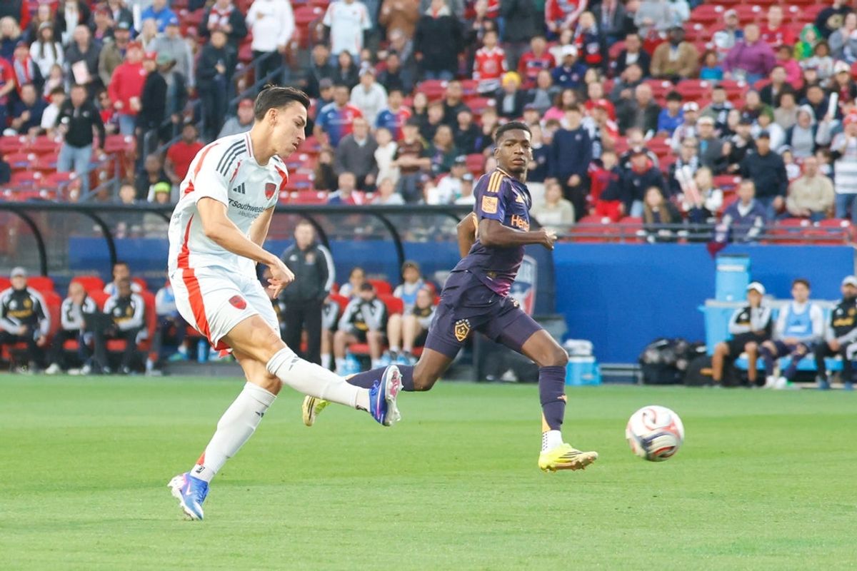 Apr 18, 2026; Frisco, Texas, USA; FC Dallas forward Petar Musa (9) scores a goal against the LA Galaxy during the first half at Toyota Stadium. Mandatory Credit: Chris Jones-Imagn Images
