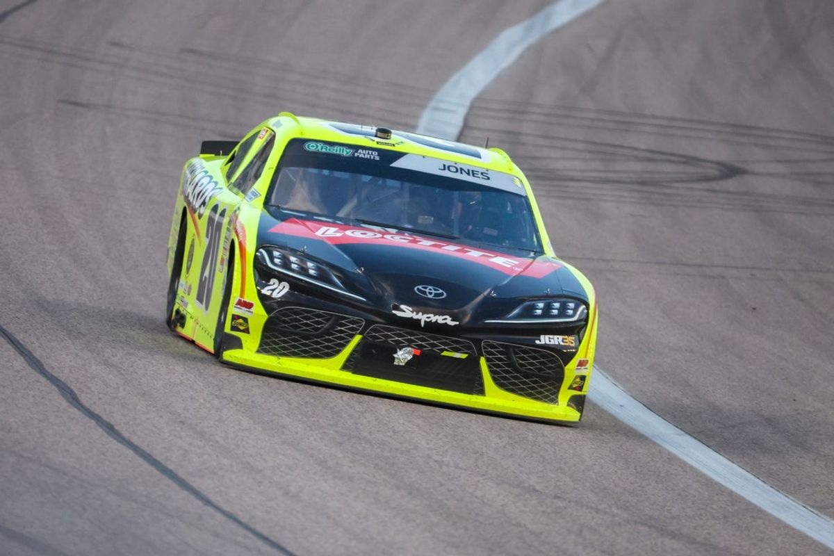 Apr 18, 2026; Kansas City, Kansas, USA; NASCAR O’Reilly Auto Parts Series driver Brandon Jones (20) races during the Kansas Lottery 300 at Kansas Speedway. Mandatory Credit: Scott Sewell-Imagn Images