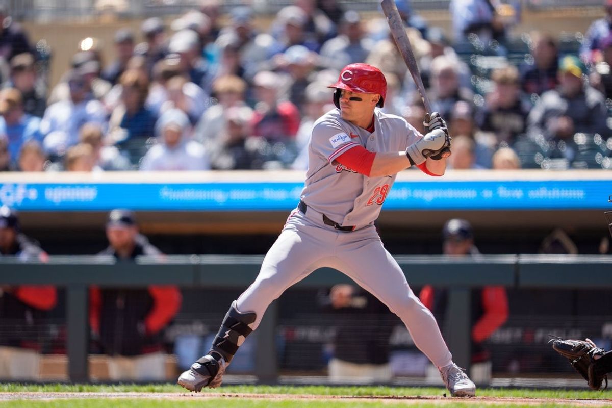 Apr 19, 2026; Minneapolis, Minnesota, USA; Cincinnati Reds center fielder TJ Friedl (29) at bat against Minnesota Twins starting pitcher Bailey Ober (17) in the first inning at Target Field. Mandatory Credit: Matt Blewett-Imagn Images