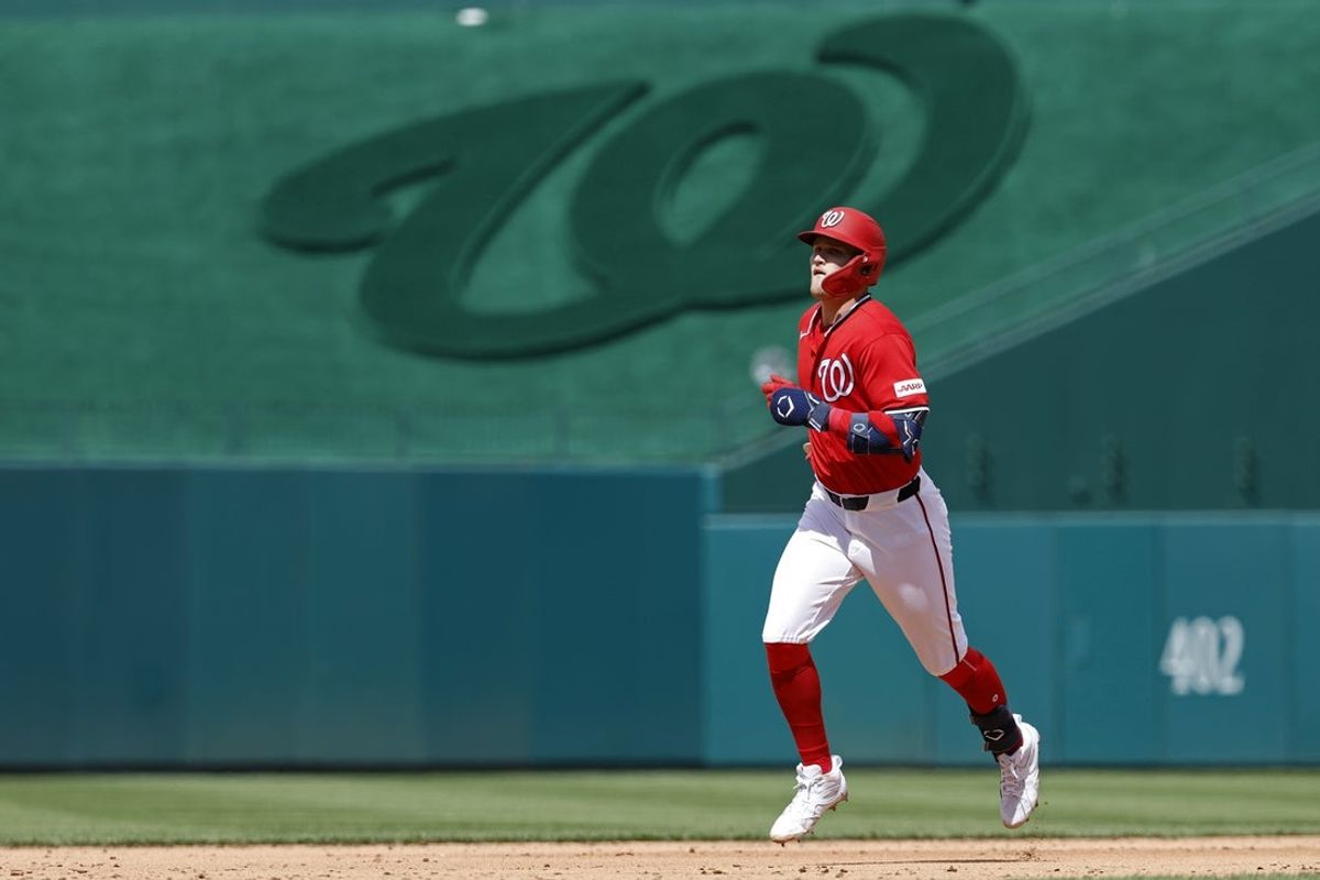 Apr 19, 2026; Washington, District of Columbia, USA;  Washington Nationals first baseman Curtis Mead (45) rounds the bases after hitting a two run home run against the San Francisco Giants during the fifth inning at Nationals Park. Mandatory Credit: Geoff Burke-Imagn Images