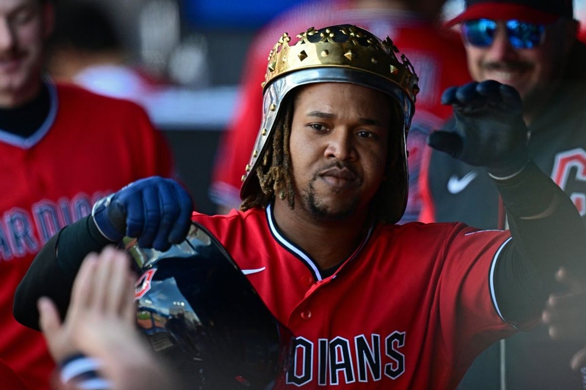 Apr 19, 2026; Cleveland, Ohio, USA; Cleveland Guardians third baseman Jose Ramirez (11) is congratulated int he dugout after hitting a solo home run off Baltimore Orioles starting pitcher Trevor Rogers (28) during the fifth inning at Progressive Field. Mandatory Credit: David Dermer-Imagn Images