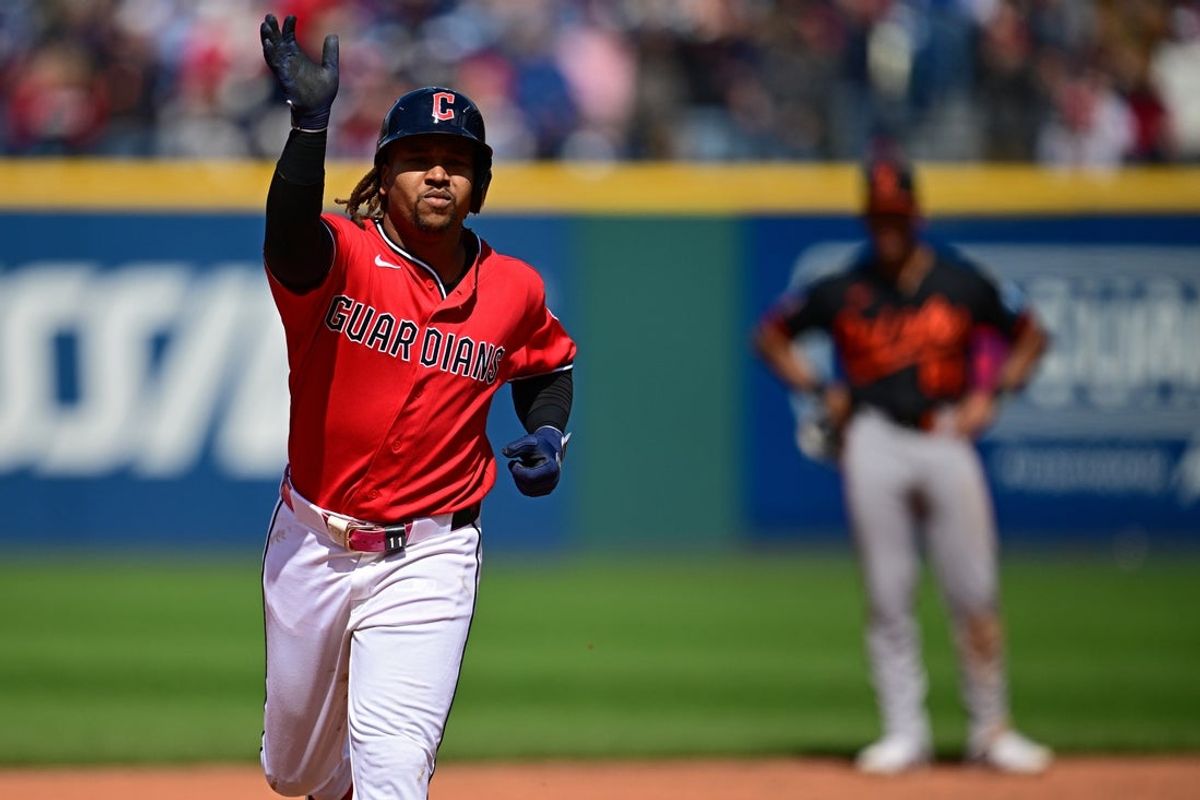 Apr 19, 2026; Cleveland, Ohio, USA; Cleveland Guardians third baseman Jose Ramirez (11) runs the bases after hitting a solo home run off Baltimore Orioles starting pitcher Trevor Rogers (28) during the fifth inning at Progressive Field. Mandatory Credit: David Dermer-Imagn Images