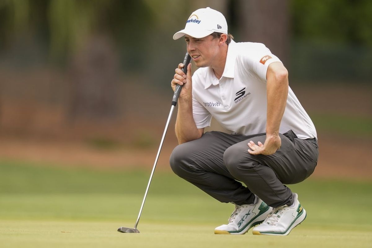 Apr 18, 2026; Hilton Head, South Carolina, USA; Matt Fitzpatrick eyes his line on two green during the final  round of the RBC Heritage golf tournament. Mandatory Credit: Jim Dedmon-Imagn Images