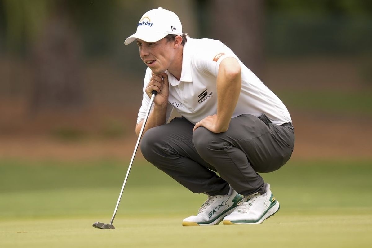 Apr 18, 2026; Hilton Head, South Carolina, USA; Matt Fitzpatrick eyes his line on two green during the final  round of the RBC Heritage golf tournament. Mandatory Credit: Jim Dedmon-Imagn Images