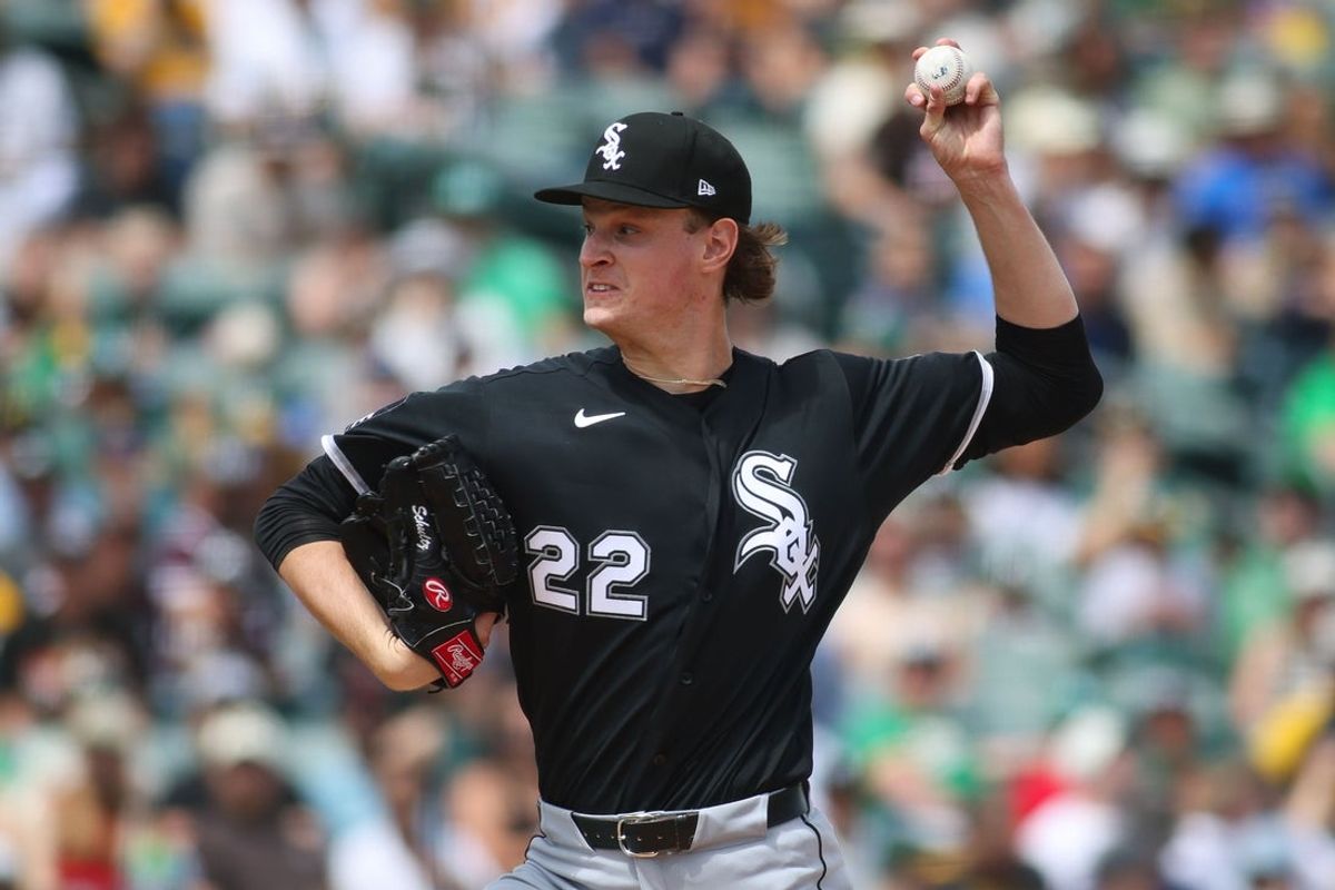 Apr 19, 2026; West Sacramento, California, USA; Chicago White Sox pitcher Noah Schultz (22) throws to a Athletics batter during the first inning at Sutter Health Park. Mandatory Credit: Scott Marshall-Imagn Images