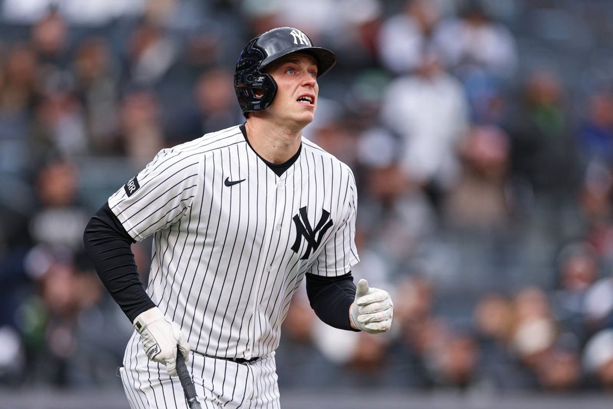 Apr 19, 2026; Bronx, New York, USA; New York Yankees first baseman Ben Rice (22) hits a solo home run during the second inning against the Kansas City Royals at Yankee Stadium. Mandatory Credit: Vincent Carchietta-Imagn Images