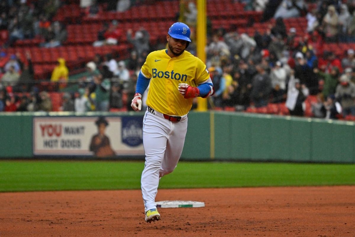 Apr 19, 2026; Boston, Massachusetts, USA; Boston Red Sox designated hitter Willson Contreras (40) runs the bases after hitting a home run against the Detroit Tigers during the first inning at Fenway Park. Mandatory Credit: Eric Canha-Imagn Images