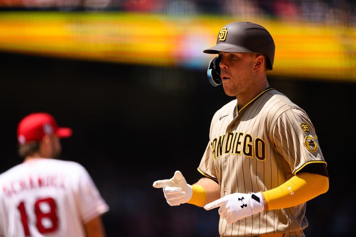 Apr 19, 2026; Anaheim, California, USA; San Diego Padres first baseman Gavin Sheets (30) gestures after hitting a single during the fourth inning against the Los Angeles Angels at Angel Stadium. Mandatory Credit: William Liang-Imagn Images