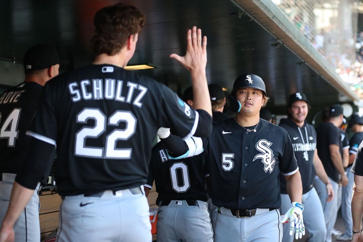 Apr 19, 2026; West Sacramento, California, USA; Chicago White Sox first baseman Munetaka Murakami (5) celebrates with his teammates after hitting a two run home run during the fifth inning against the Athletics at Sutter Health Park. Mandatory Credit: Scott Marshall-Imagn Images