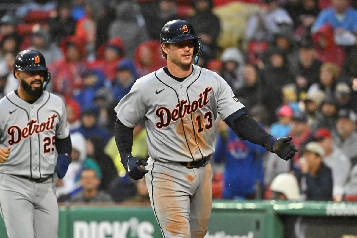 Apr 19, 2026; Boston, Massachusetts, USA; Detroit Tigers catcher Dillon Dingler (13) celebrates his three run home run against the Boston Red Sox during the fifth inning at Fenway Park. Mandatory Credit: Eric Canha-Imagn Images