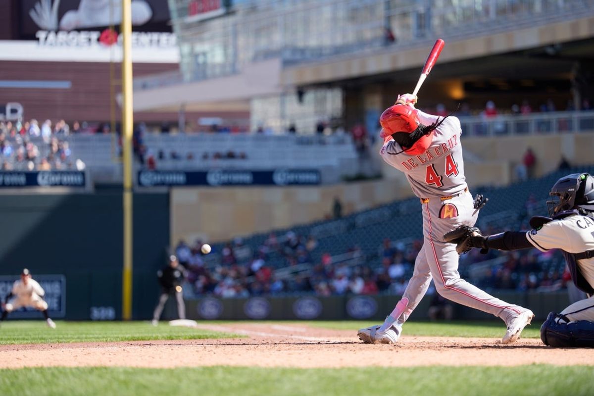 Apr 19, 2026; Minneapolis, Minnesota, USA; Cincinnati Reds shortstop Elly de la Cruz (44) hits the final out of the in the ninth inning to Minnesota Twins first baseman Kody Clemens (2) at Target Field. Mandatory Credit: Matt Blewett-Imagn Images